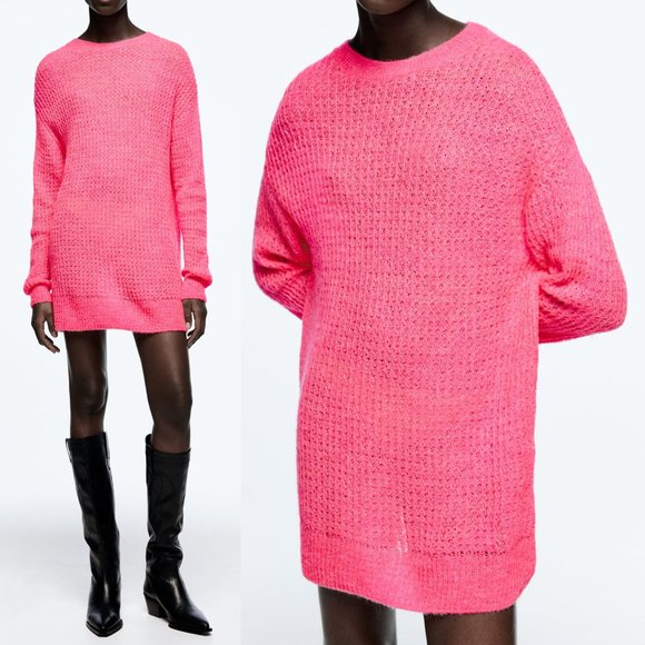 NEW Zara Light Weight Oversized Open Knit Longline Tunic Sweater Neon Pink M - Picture 1 of 9